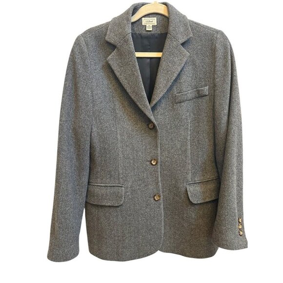 L L Bean VTG  Herringbone Wool Cashmere Blazer Jacket Classic Womens Sz 10 Gray - Picture 1 of 6